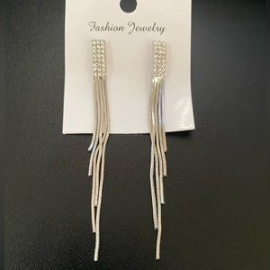 NEW Trendy Silver Long Tassel Earrings with Rhinestones